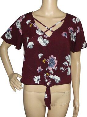 MUDD Blouse Womens Junior Small maroon floral crop tie front v-neck short sleeve